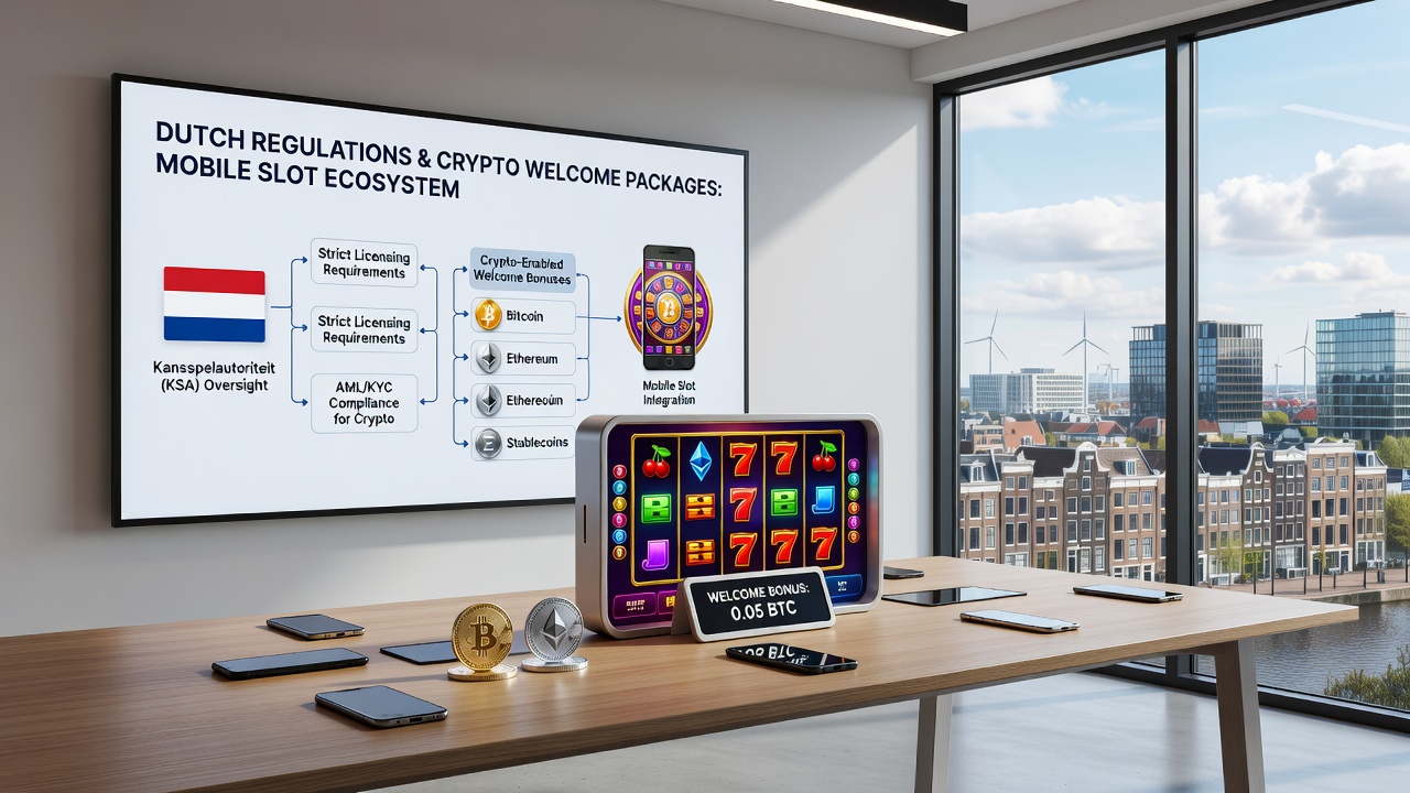 Weergave van een mobiele app-interface met crypto-bonus en Nederlandse licentie-indicator