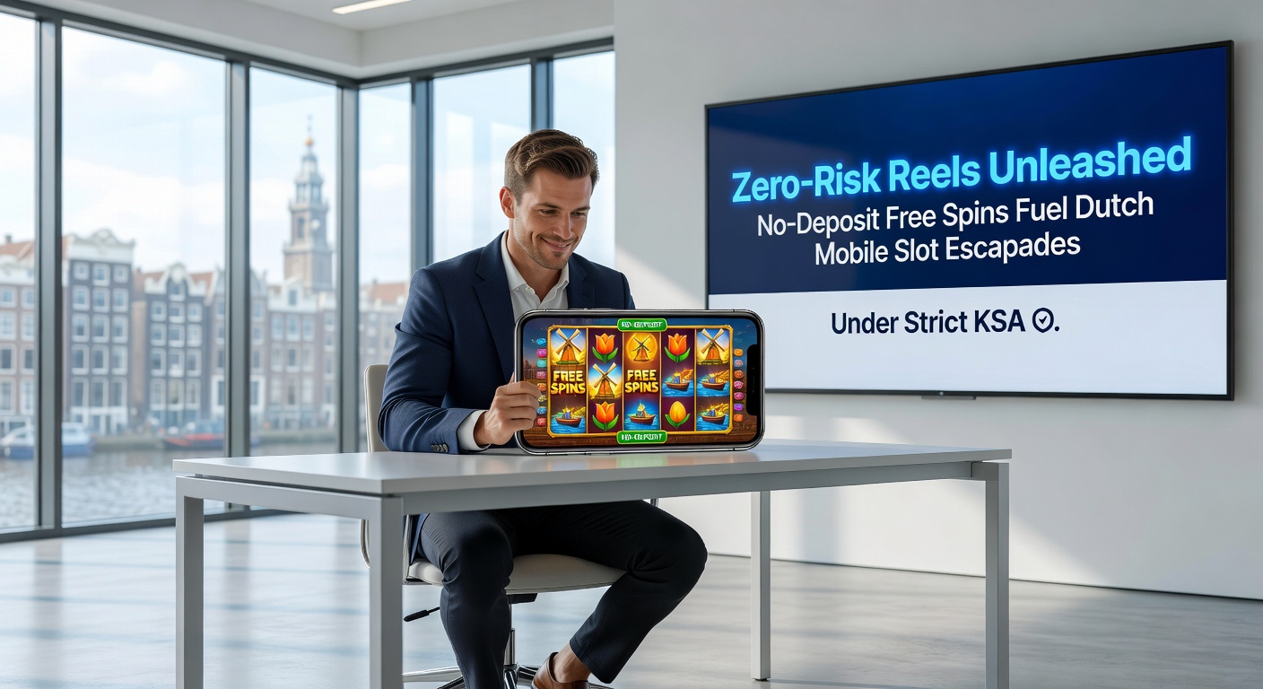 Smartphone met draaiende slotrollen en no-deposit bonuspop-up, met KSA-keurmerk zichtbaar